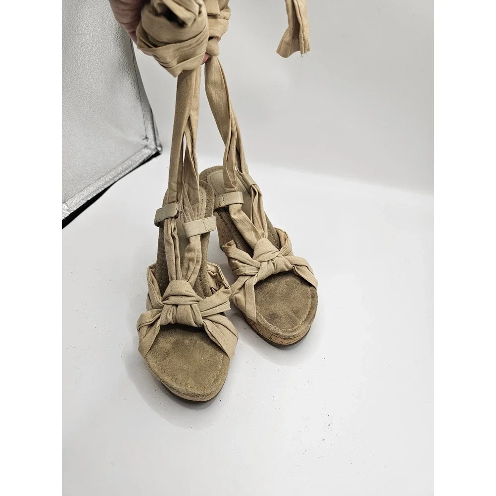 Mossimo Womens Tan Fabric Ankle Tie Cork Wedge Sandals Beige Bohemian Size 7.5
